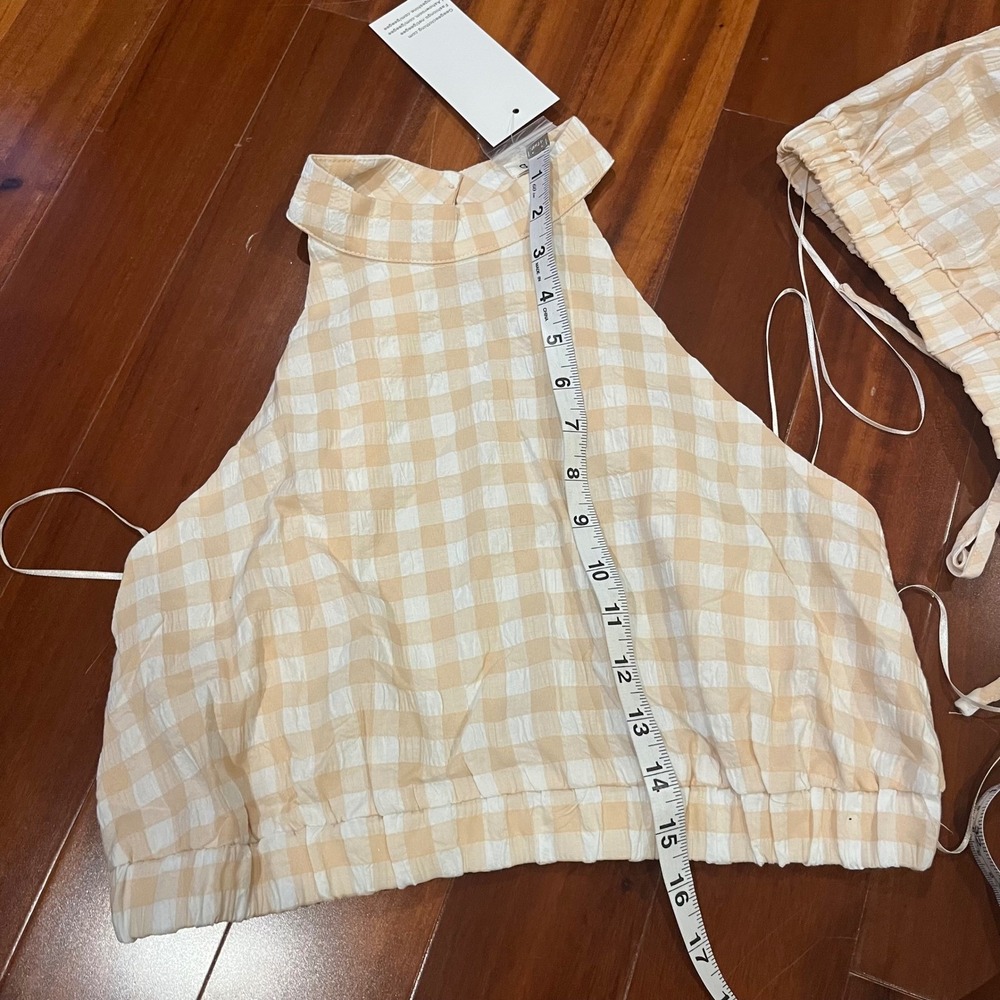 Gingham Skirt Top Set Light Beige Crop Halter Crossback Maxi Tier Cottagecore M - Picture 6 of 11